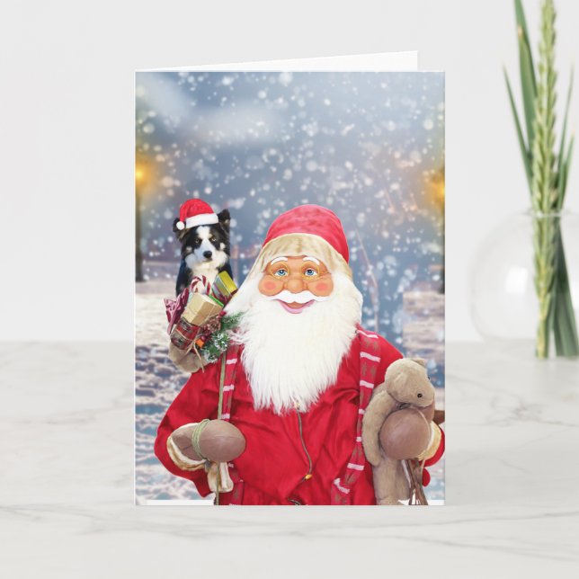 Santa Claus w Christmas Gifts Border Collie Dog Holiday Card (Front)