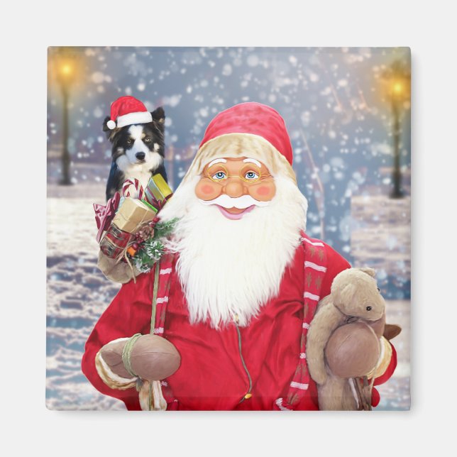 Santa Claus w Christmas Gifts Border Collie Dog Magnet (Front)