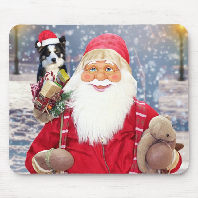 Santa Claus w Christmas Gifts Border Collie Dog Mouse Mat (Front)