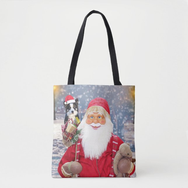 Santa Claus w Christmas Gifts Border Collie Dog Tote Bag (Front)