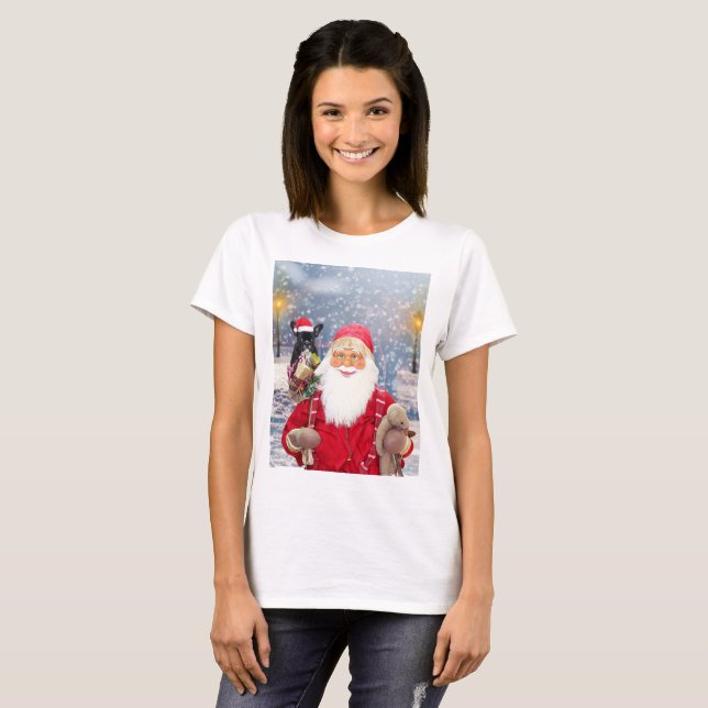 Santa Claus w Christmas Gifts French Bulldog T-Shirt (Front Full)