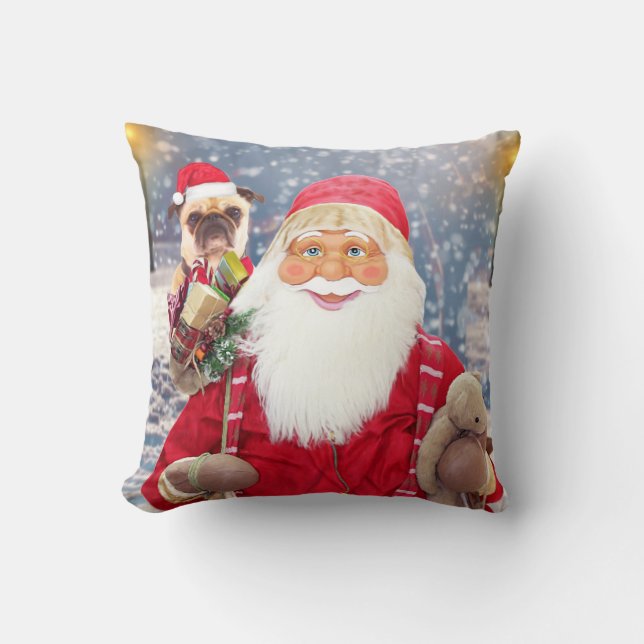 Santa Claus w Christmas Gifts Pug Dog Cushion (Front)