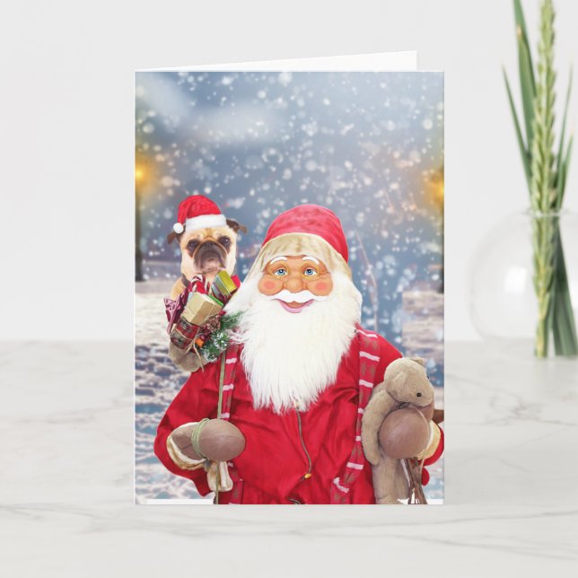 Santa Claus w Christmas Gifts Pug Dog Holiday Card (Front)