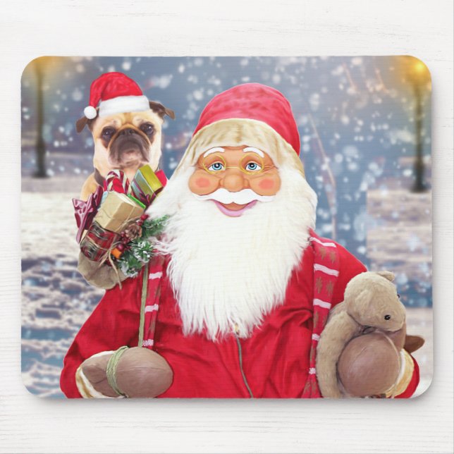 Santa Claus w Christmas Gifts Pug Dog Mouse Mat (Front)