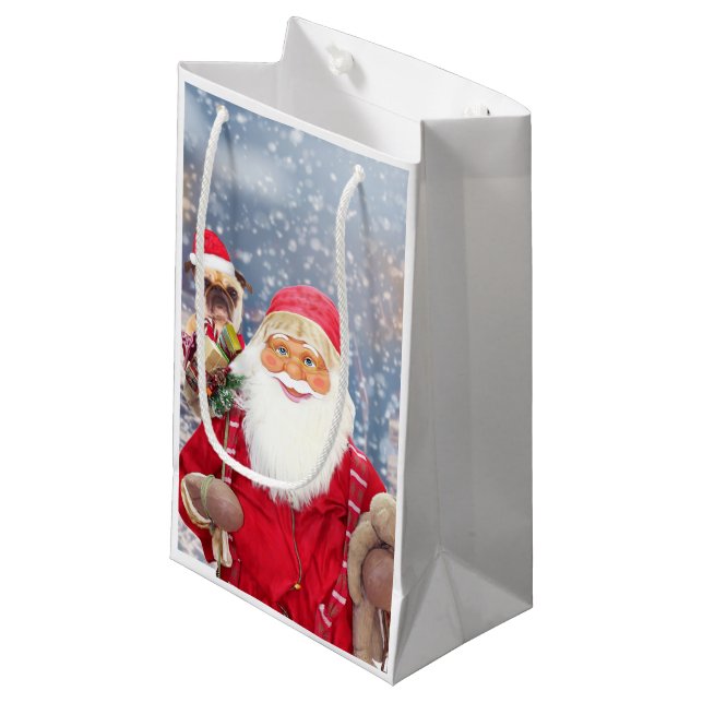 Santa Claus w Christmas Gifts Pug Dog Small Gift Bag (Front Angled)