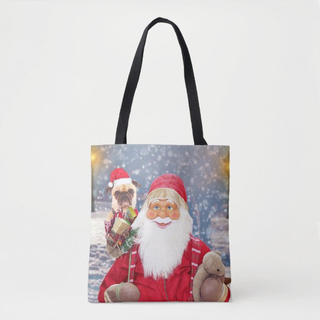 Santa Claus w Christmas Gifts Pug Dog Tote Bag (Front)