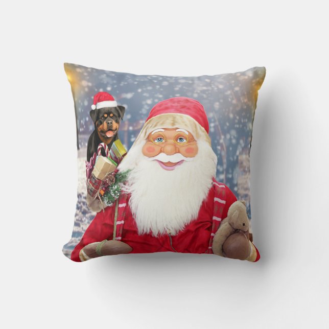 Santa Claus w Christmas Gifts Rottweiler Dog Cushion (Front)