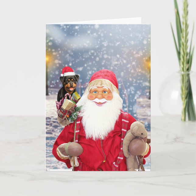 Santa Claus w Christmas Gifts Rottweiler Dog Holiday Card (Front)