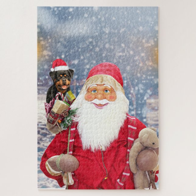 Santa Claus w Christmas Gifts Rottweiler Dog Jigsaw Puzzle (Vertical)