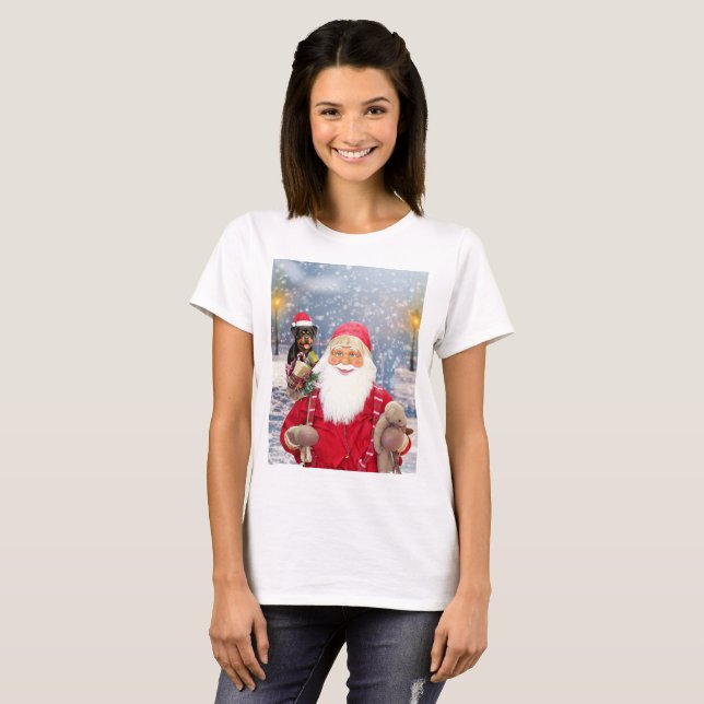 Santa Claus w Christmas Gifts Rottweiler Dog T-Shirt (Front Full)
