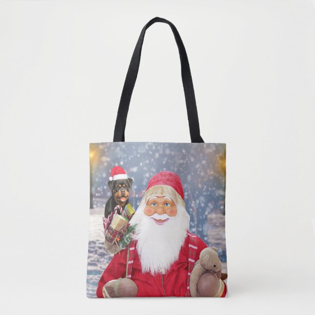 Santa Claus w Christmas Gifts Rottweiler Dog Tote Bag (Front)
