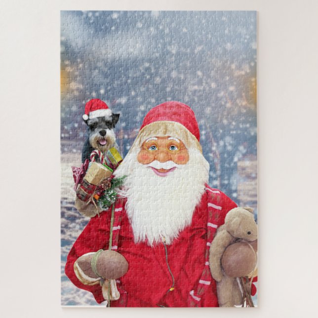 Santa Claus w Christmas Miniature Schnauzer Dog Jigsaw Puzzle (Vertical)