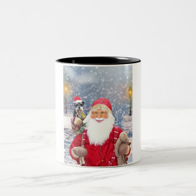 Santa Claus w Christmas Miniature Schnauzer Dog Two-Tone Coffee Mug (Center)
