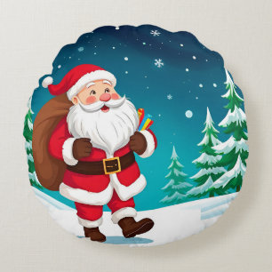 Santa Claus Walking Joyfully in a Snowy Winter Round Cushion