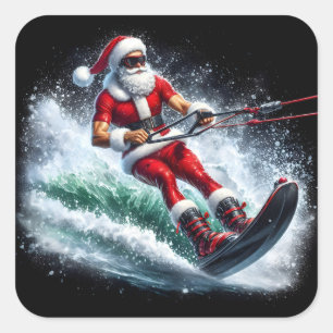 Santa Claus Water Skiing in a Festive Winter Scene Square Sticker