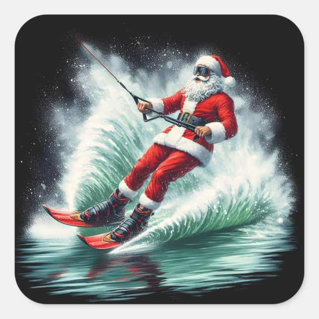 Santa Claus Water Skiing on a Festive Winter Day Square Sticker (Front)