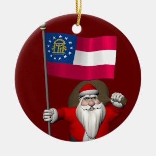 Santa Claus Waving Flag Of Georgia Ceramic Tree Decoration