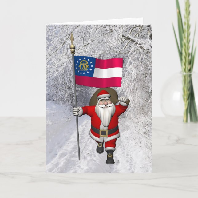 Santa Claus Waving Flag Of Georgia Holiday Card (Front)
