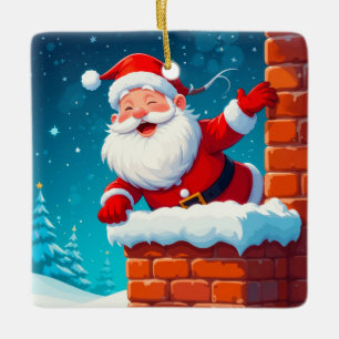 Santa Claus Waving Joyfully in Chimney Ceramic Ornament