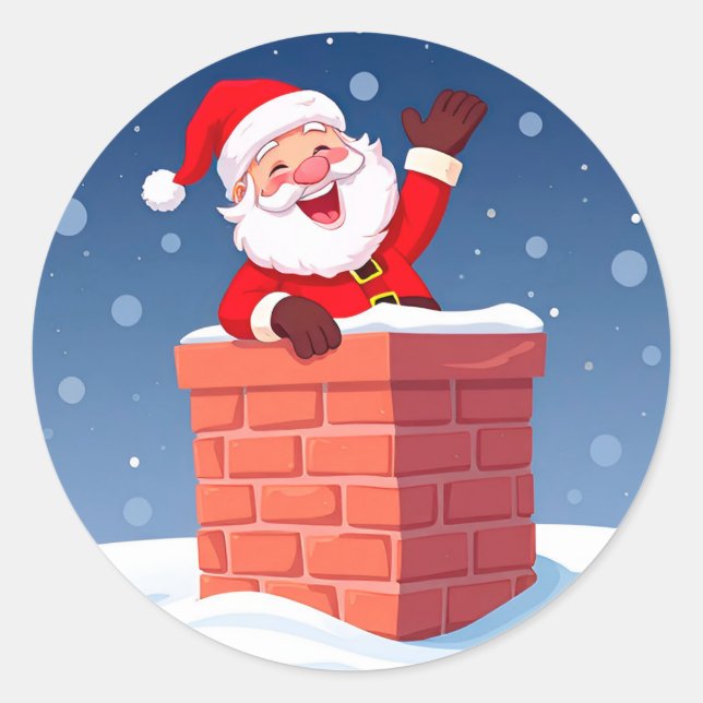 Santa Claus Waving Joyfully in Chimney Classic Round Sticker (Front)