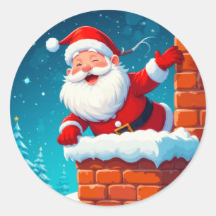 Santa Claus Waving Joyfully in Chimney Classic Round Sticker