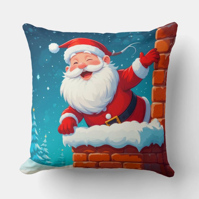 Santa Claus Waving Joyfully in Chimney Cushion (Front)