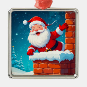 Santa Claus Waving Joyfully in Chimney Metal Tree Decoration