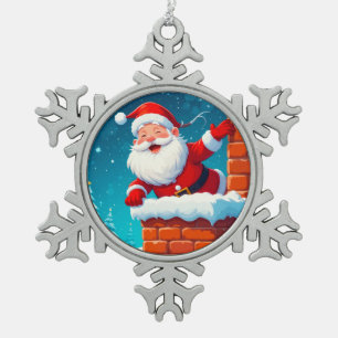 Santa Claus Waving Joyfully in Chimney Snowflake Pewter Christmas Ornament