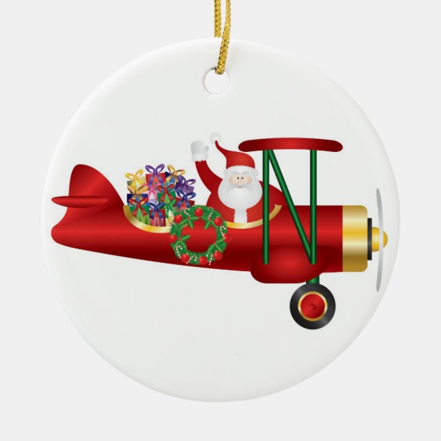 Santa Claus Waving on Biplane with Gifts Ornament (Front)