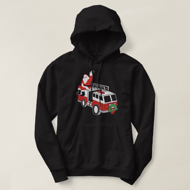 Santa Claus Waving On Fire Truck Firefighter Chris Hoodie (Design Front)
