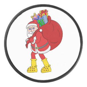 Santa Claus Wearing Big Yellow Boots Hockey Puck