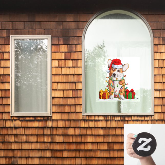 Santa Claus Welsh Corgi Wrapped In Christmas Light Window Cling (Home Window)