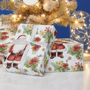 Santa Claus Winter Berries Modern Christmas Wrapping Paper