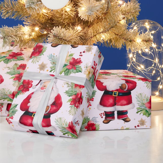 Santa Claus Winter Berries Modern Christmas Wrapping Paper (Holidays)