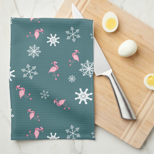 Santa Claus Winter Flamingoes & Snowflakes Tea Towel (Quarter Fold)