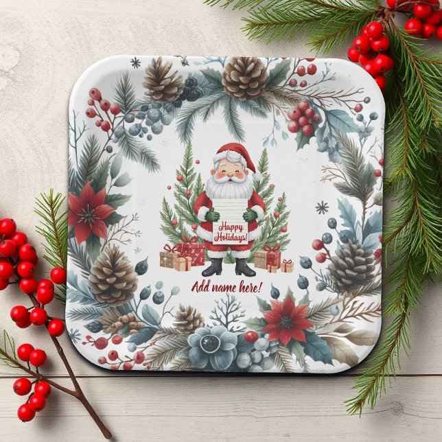 Santa Claus Winter Wreath Happy Holidays Paper Plate (Creator Uploaded)