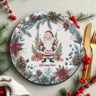 Santa Claus Winter Wreath Happy Holidays Paper Plate