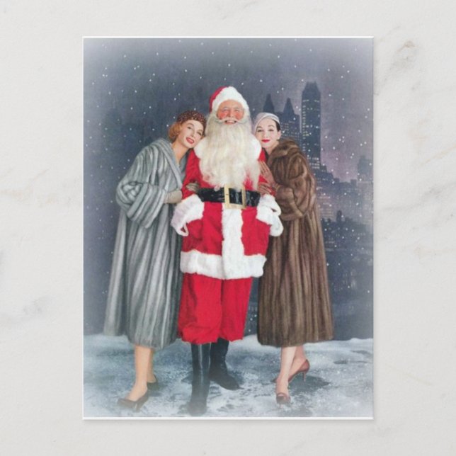 Santa Claus With 1950s Girls Holiday Postcard (Front)