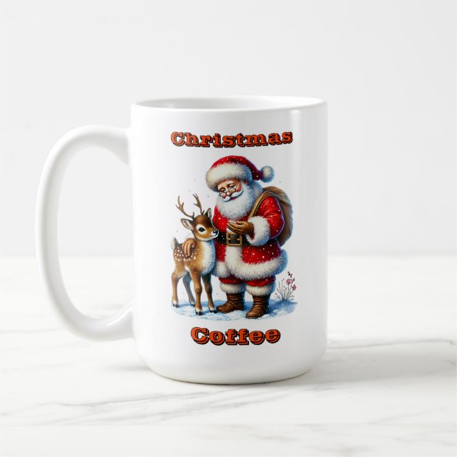 Santa Claus With a Friendly Deer in Winter Snow Coffee Mug (Left)