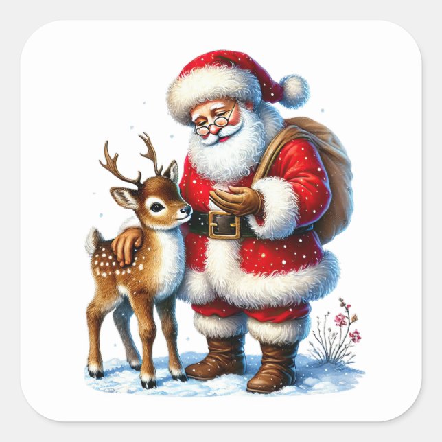 Santa Claus With a Friendly Deer in Winter Snow Square Sticker (Front)