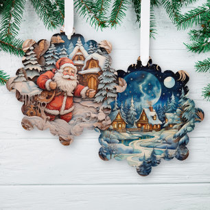 Santa Claus with bag on winter village night Tree Decoration Card