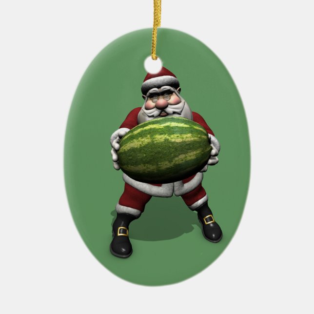 Santa Claus With Big Watermelon Ceramic Tree Decoration (Front)