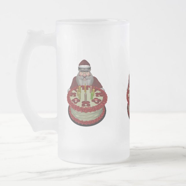 Santa Claus With Birthday Cake Frosted Glass Beer Mug (Left)