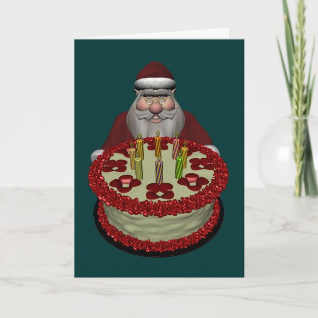 Santa Claus With Birthday Cake Holiday Card (Front)