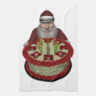 Santa Claus With Birthday Cake Tea Towel