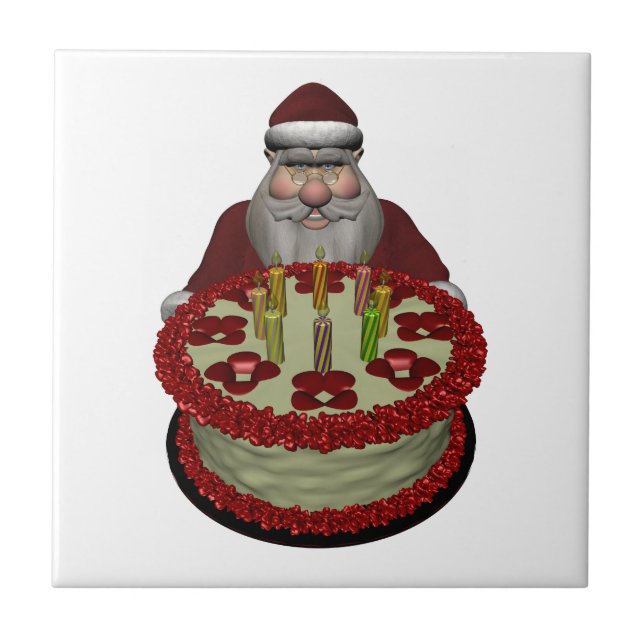 Santa Claus With Birthday Cake Tile (Front)