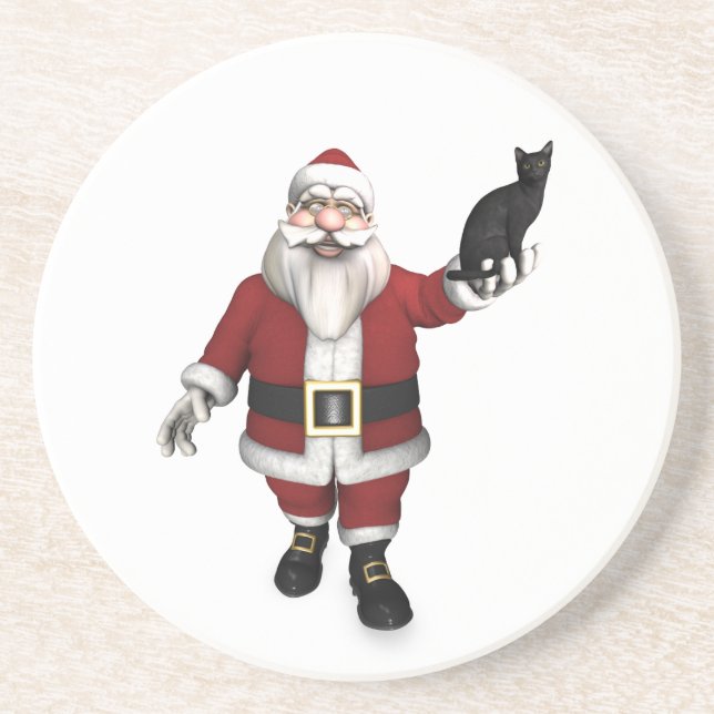 Santa Claus With Black Cat Coaster (Front)