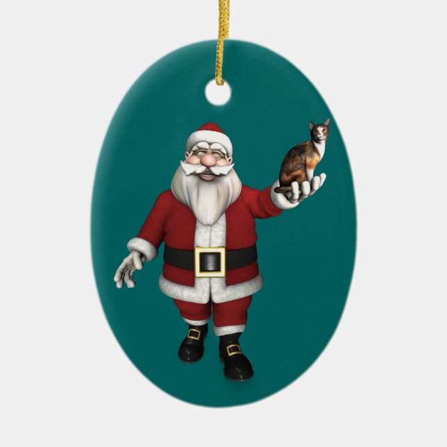 Santa Claus With Calico Cat Ceramic Tree Decoration (Front)