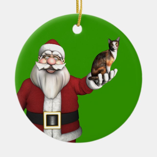 Santa Claus With Calico Cat Ceramic Tree Decoration (Front)