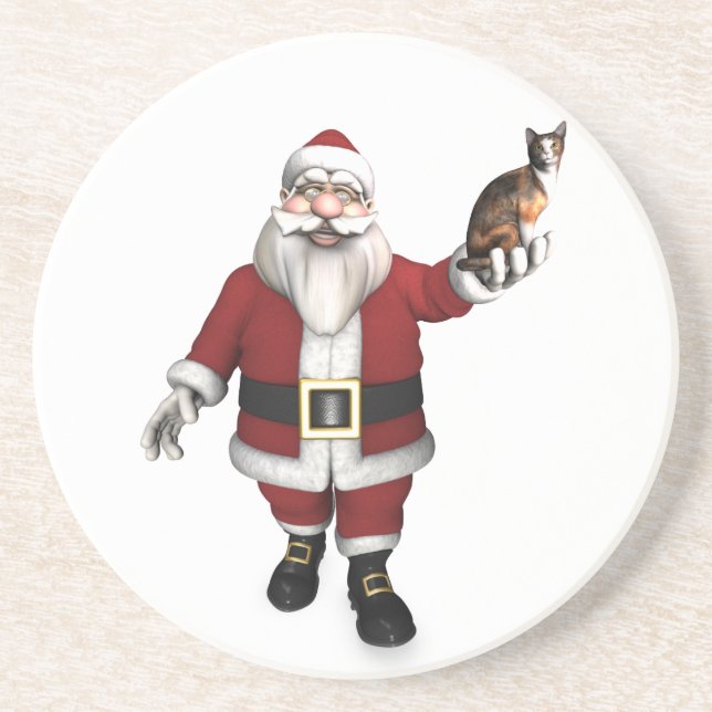 Santa Claus With Calico Cat Coaster (Front)